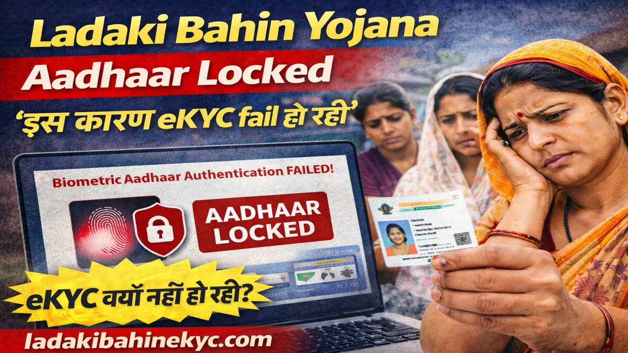 Ladaki Bahin Yojana Aadhaar locked thumbnail – eKYC fail, आधार कार्ड पकड़े परेशान महिलाएं, biometric authentication failed, ladakibahinekyc.com