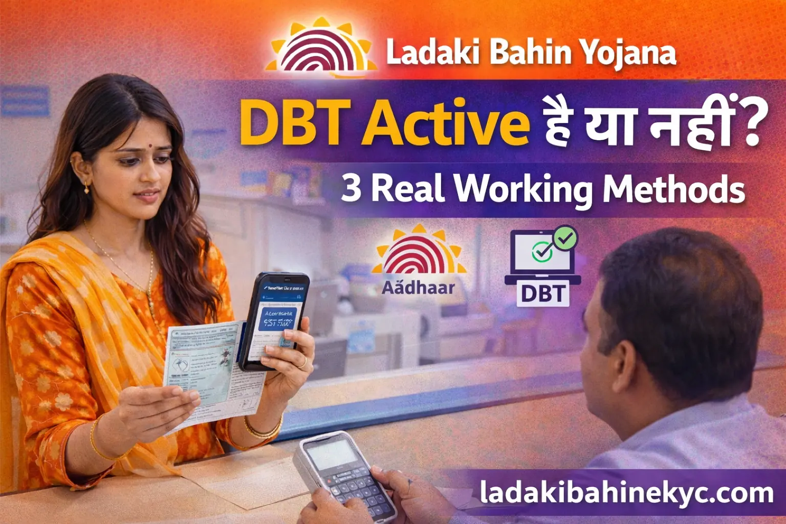 Ladaki Bahin Yojana DBT active है या नहीं – bank में check करती महिला | ladakibahinekyc.com