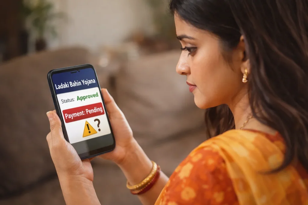 महिला मोबाइल पर Ladaki Bahin Yojana scheme status check करते हुए