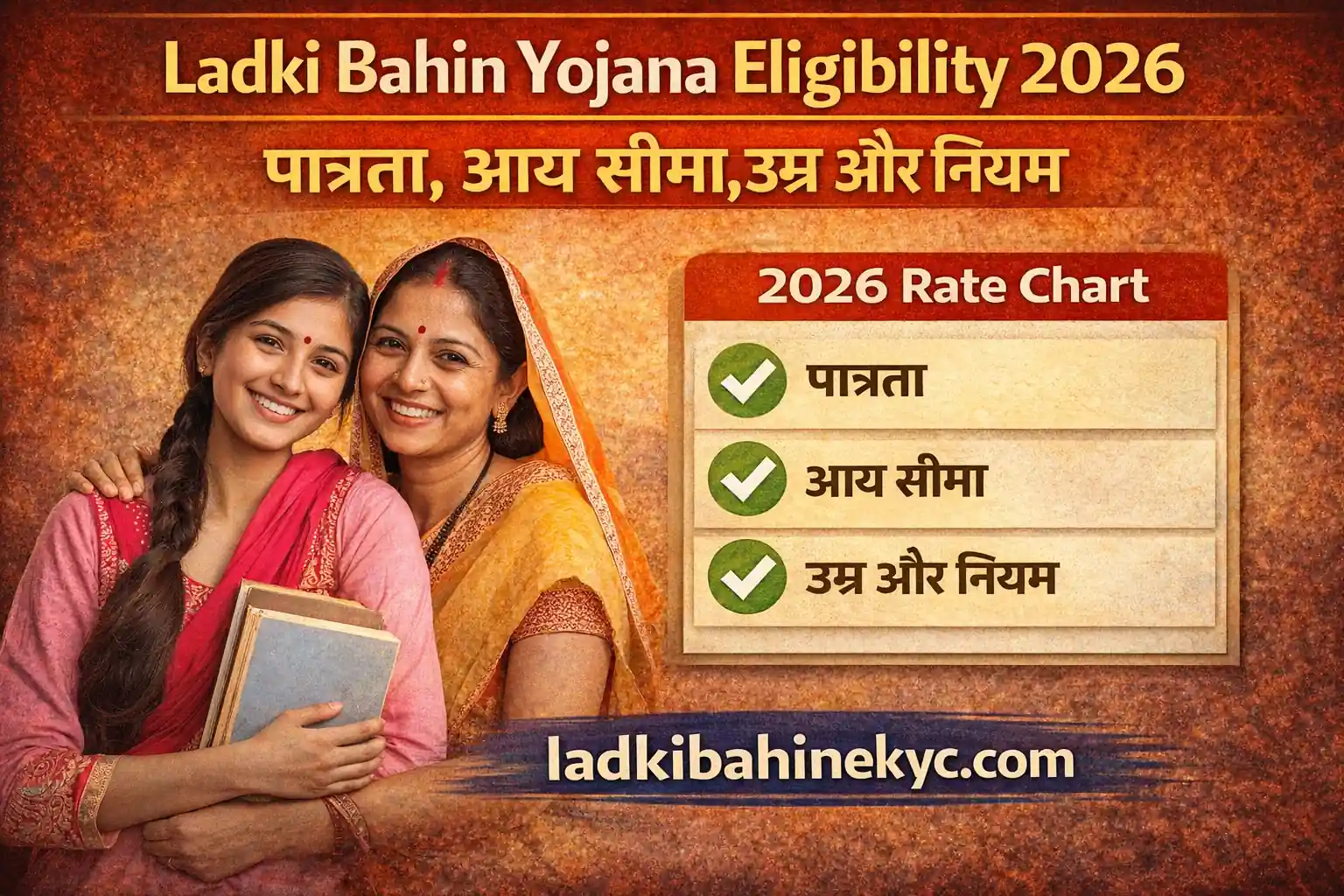 Ladki Bahin Yojana Eligibility 2026 thumbnail showing women beneficiaries with eligibility, income limit and age rules and ladakibahinekyc.com
