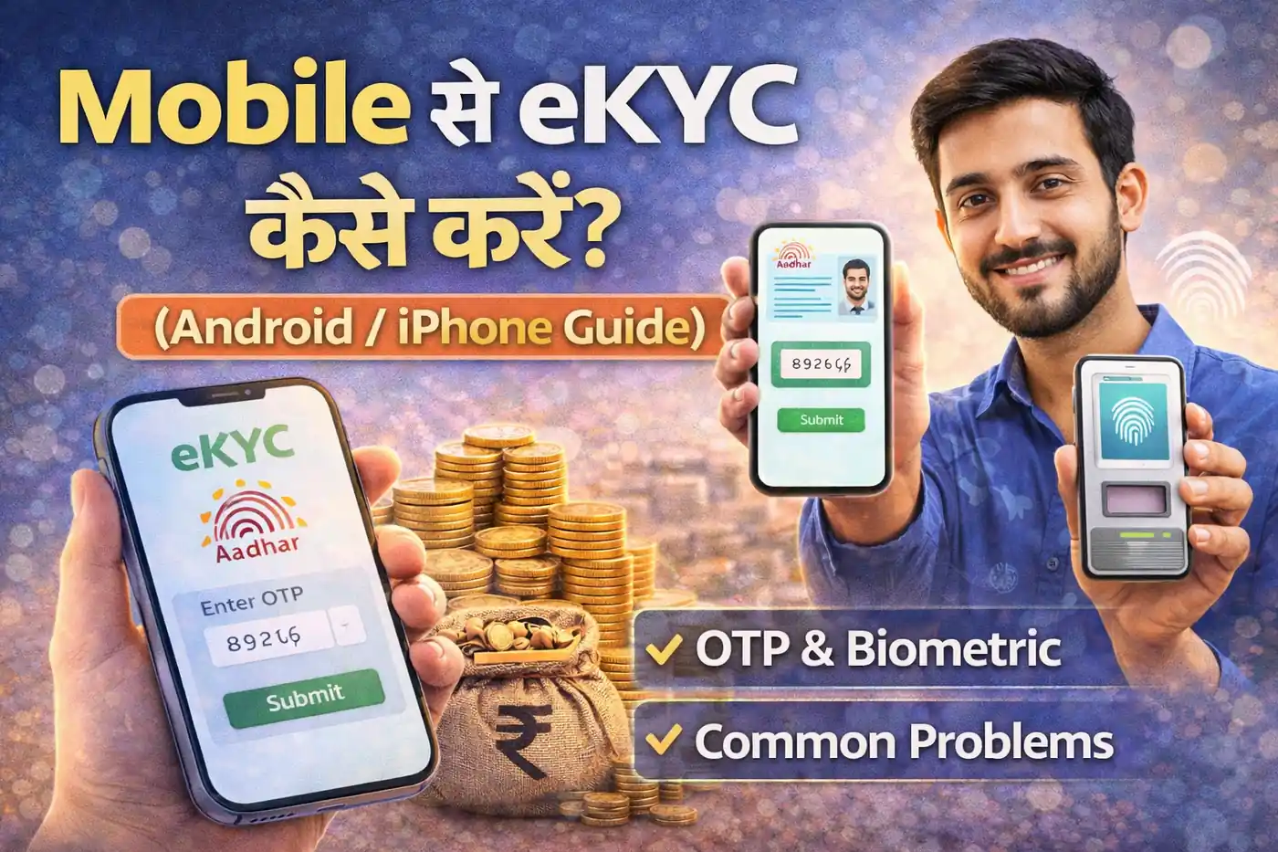 Mobile se eKYC kaise kare Android iPhone guide thumbnail showing OTP and biometric verification